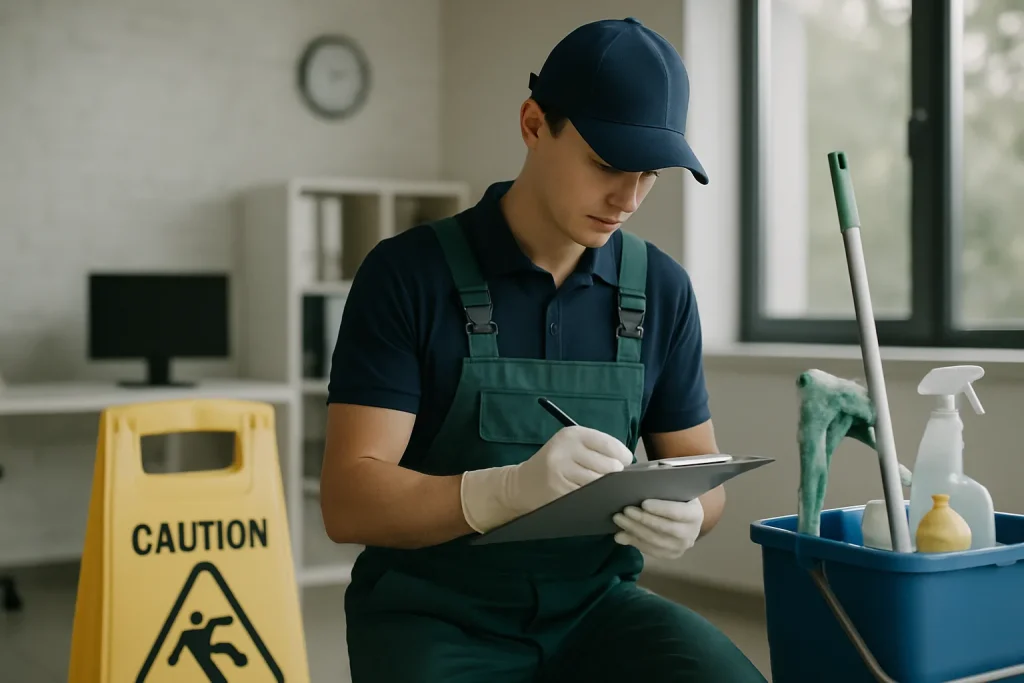 Bureau bien rangé avec des produits de nettoyage, illustrant les services d'une entreprise de nettoyage à SENE.