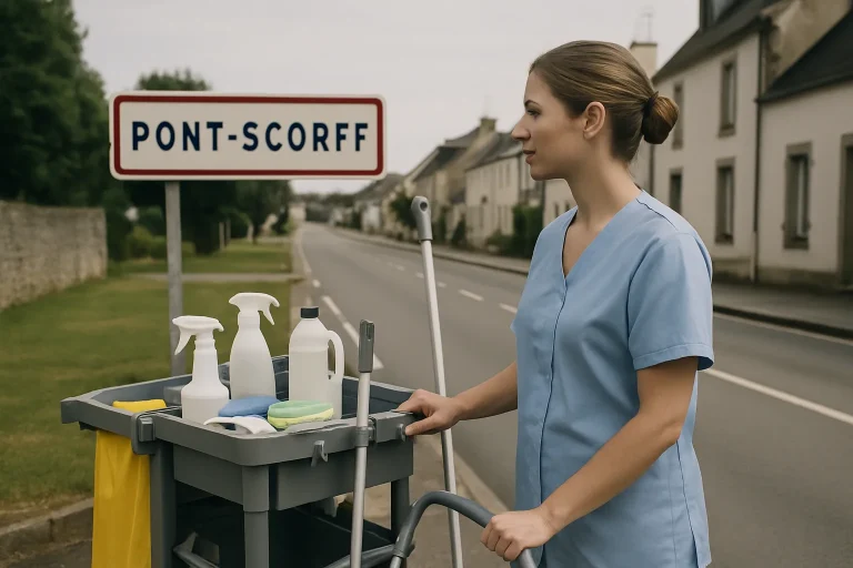 Équipe de nettoyage professionnelle travaillant dans un appartement à Pont-Scorff avec des équipements modernes.
