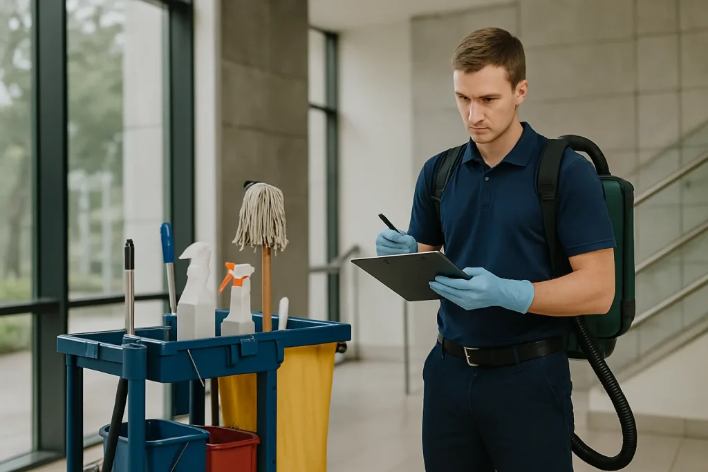 Un agent de nettoyage nettoyant un bureau moderne à Noyal-Muzillac avec des produits écologiques.