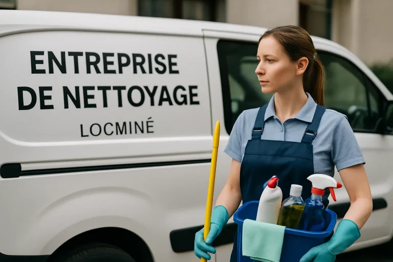 Un agent de nettoyage utilisant des produits écologiques dans un bureau à Locminé.