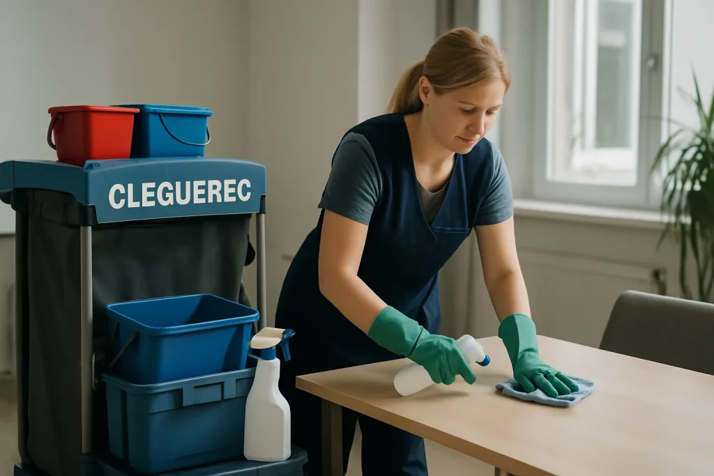 Bureau propre à Cleguerec avec produits de nettoyage visibles.