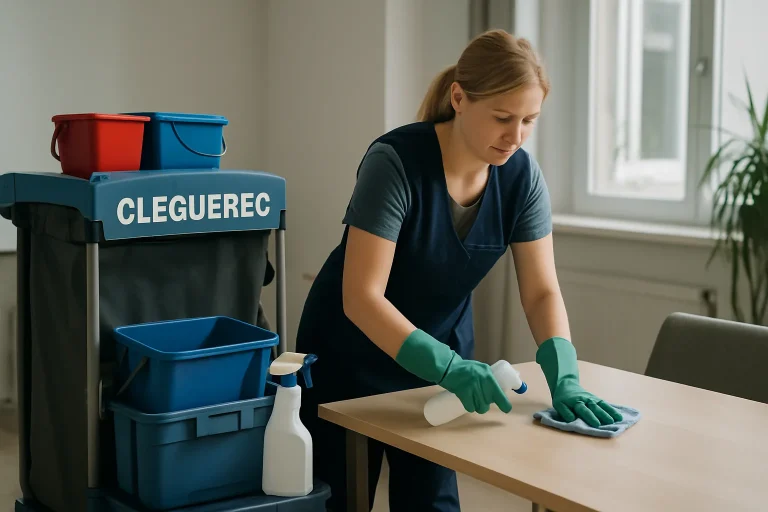 Bureau propre à Cleguerec avec produits de nettoyage visibles.