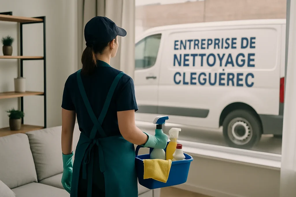 Équipe de nettoyage à Cleguérec nettoyant un appartement avec des équipements professionnels.