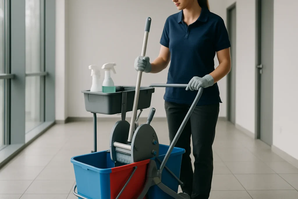 Professionnel du nettoyage à GUEGON nettoyant un bureau avec des outils modernes.
