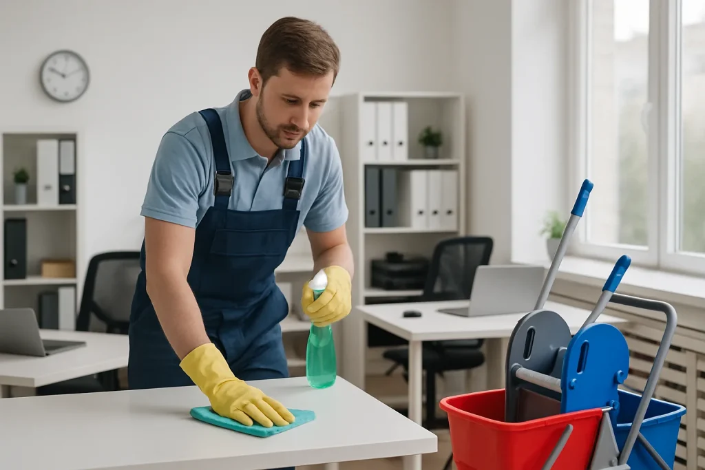 Équipe de nettoyage à Trefflean en train de nettoyer un appartement avec des outils professionnels.