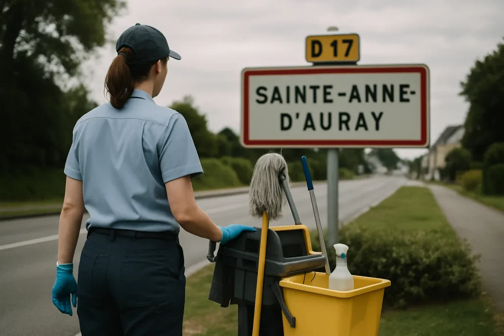 Équipe de nettoyage effectuant des tâches dans un cadre lumineux à Sainte-Anne-d'Auray.