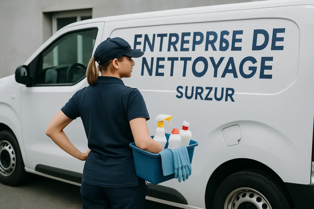Bureau bien rangé avec des produits de nettoyage, représentant un service efficace à Surzur.