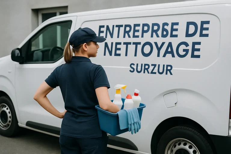 Bureau bien rangé avec des produits de nettoyage, représentant un service efficace à Surzur.
