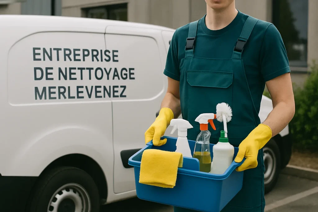 Équipe de nettoyage professionnelle à Merlevenez, effectuant des travaux de nettoyage dans un bureau moderne.