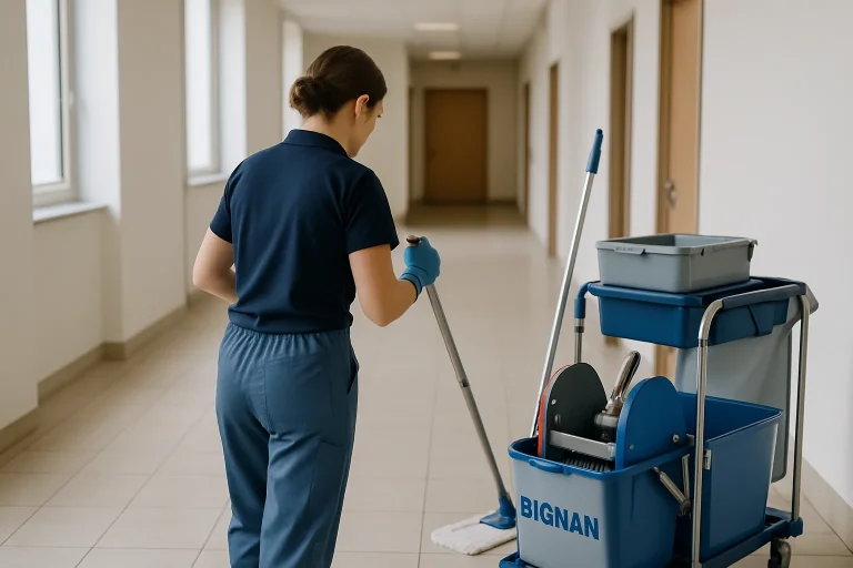 Un agent de nettoyage utilisant un aspirateur dans un appartement à Bignan