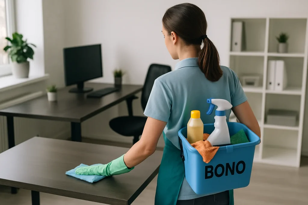 Un technicien en nettoyage à BONO utilise des équipements professionnels dans un appartement.