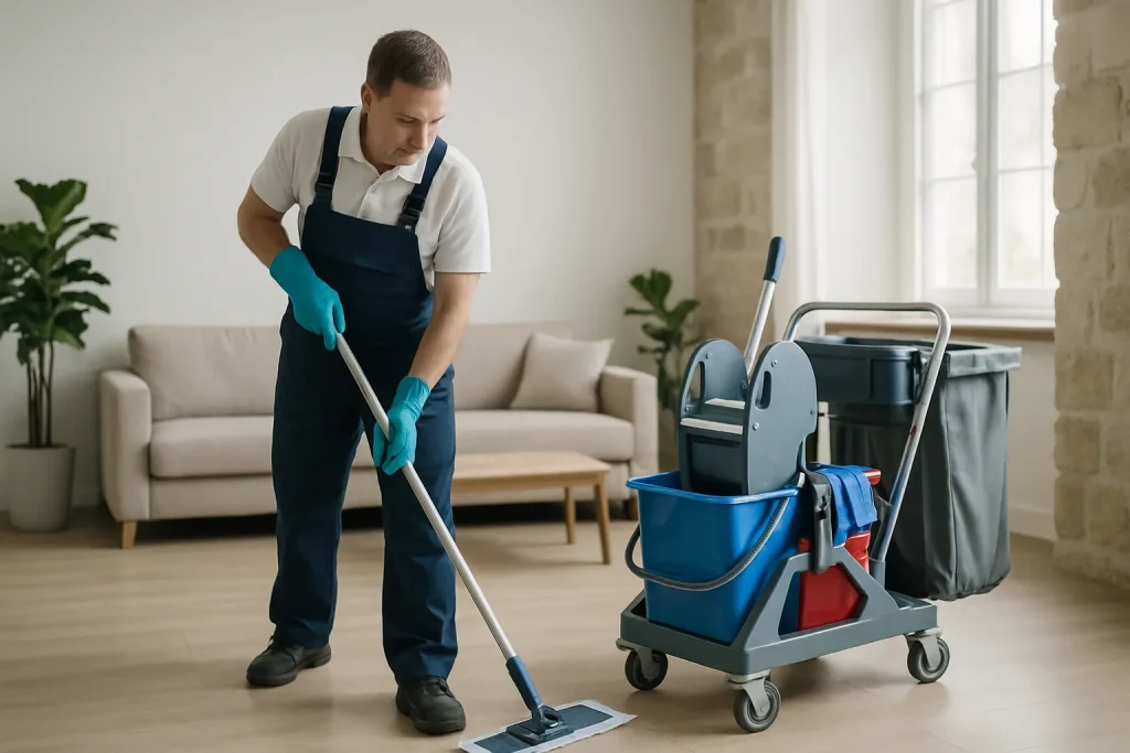 Un agent de nettoyage à Carnac utilisant des produits écologiques dans un appartement.