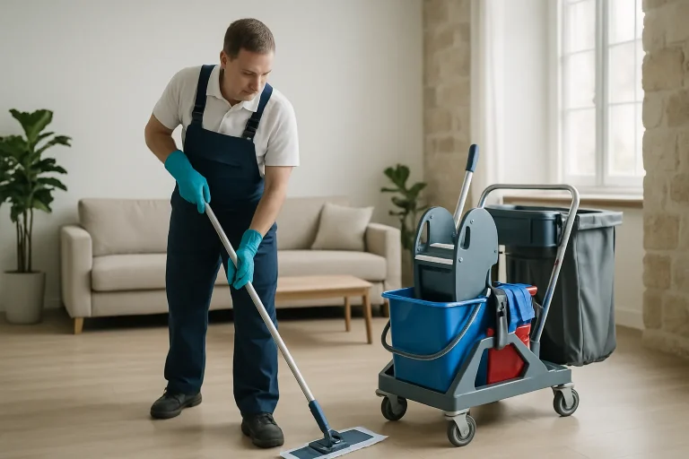 Un agent de nettoyage à Carnac utilisant des produits écologiques dans un appartement.