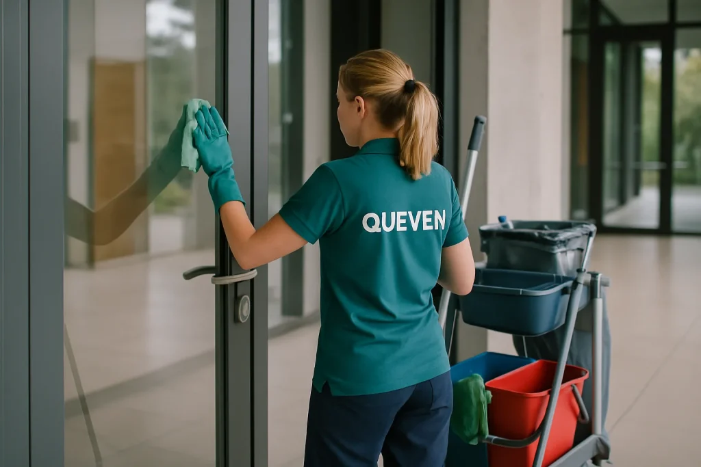 Équipe de nettoyage en train de travailler dans un appartement à Queven, utilisant des équipements modernes.