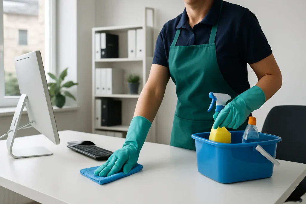Professionnel du nettoyage en action dans un appartement en désordre à Sarzeau.