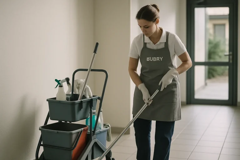 Équipe de nettoyage professionnelle intervenant dans un logement insalubre à BUBRY, évacuant des déchets.