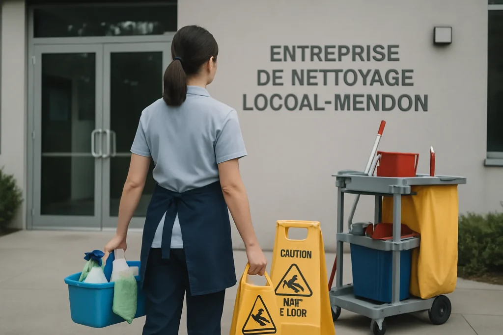 Un homme en uniforme de nettoyage nettoyant un appartement à Locoal-Mendon.