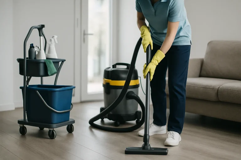 Un professionnel en train de nettoyer un appartement à Etel avec des produits de nettoyage.