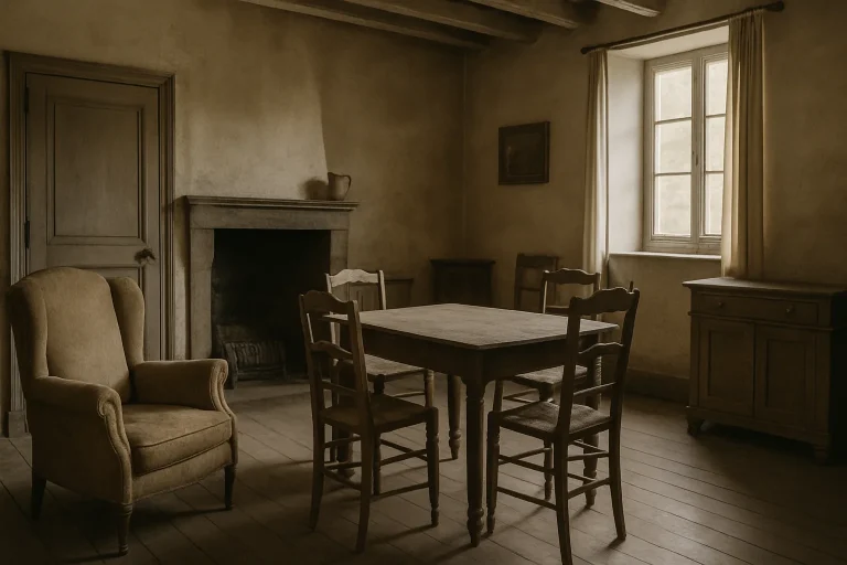 Intérieur ancien à Sarzeau avec meubles poussiéreux, lumière douce.