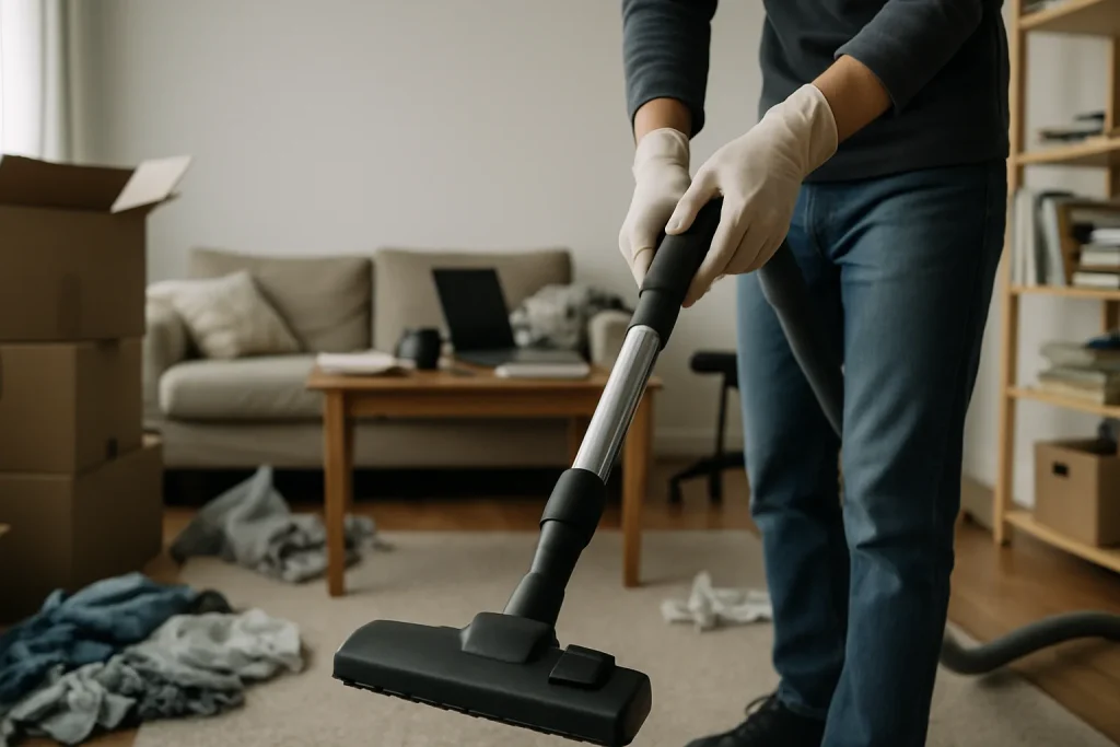 Nettoyage d'un appartement encombré à Auray, mains gantées avec aspirateur.