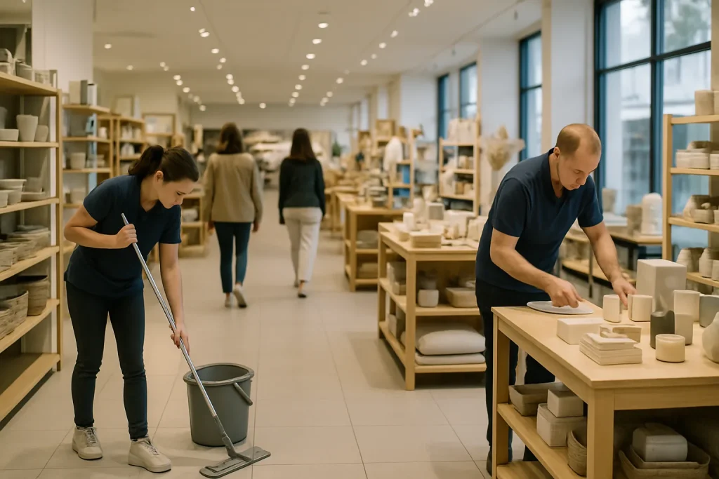 Scène d'un commerce à Carnac avec nettoyage discret et clients présents