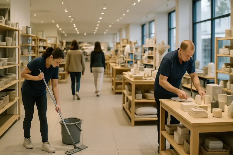 Scène d'un commerce à Carnac avec nettoyage discret et clients présents