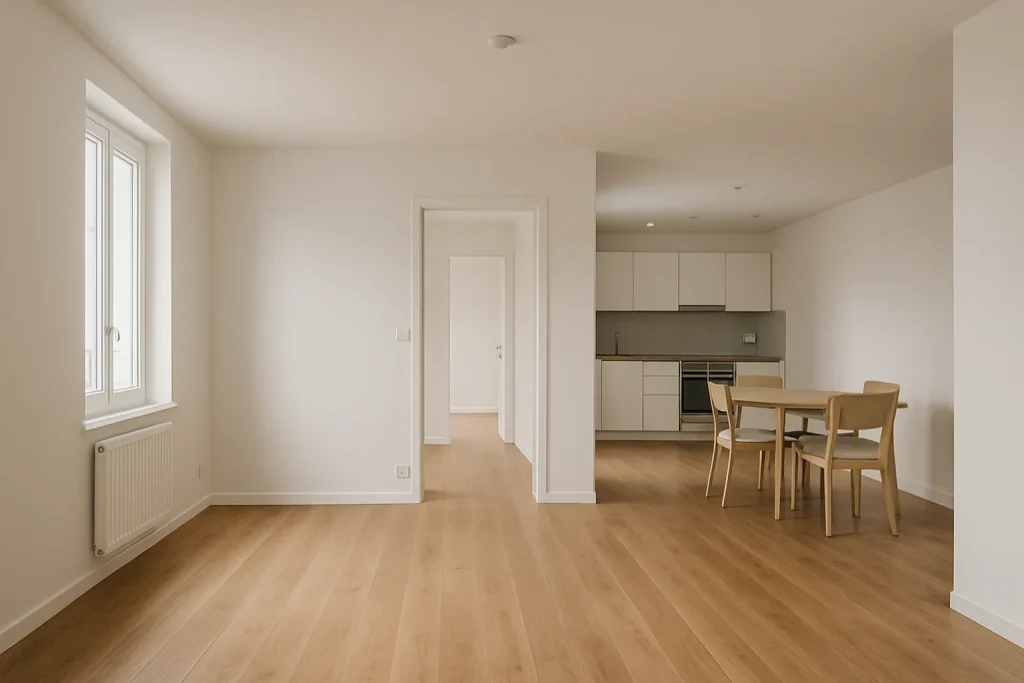 Appartement rénové à Séné, intérieur moderne et épuré, lumière douce.