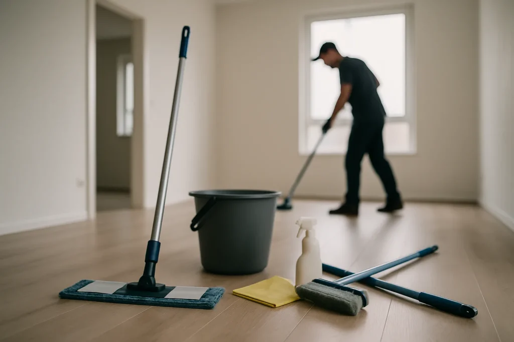 Nettoyeur flou en action dans un appartement vide à Ploërmel, lumière neutre