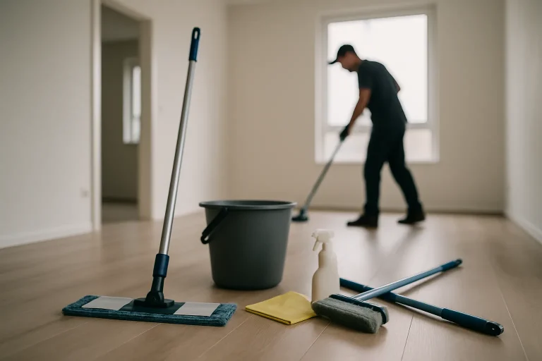 Nettoyeur flou en action dans un appartement vide à Ploërmel, lumière neutre