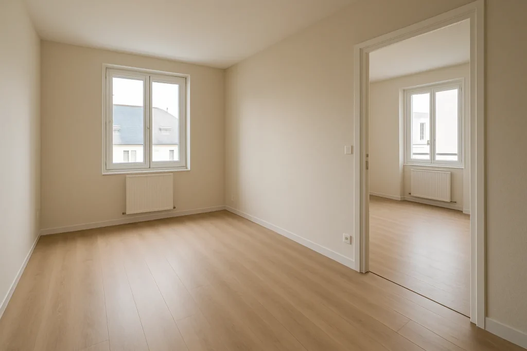 Intérieur d'un appartement T2 à Vannes, vide et propre, pour nettoyage après décès