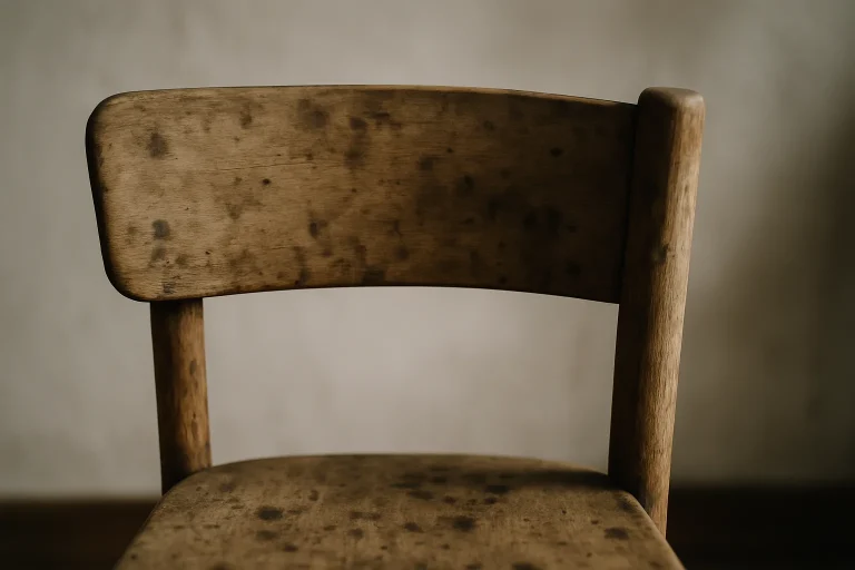 Gros plan sur une chaise en bois tachée, en attente d'évacuation.