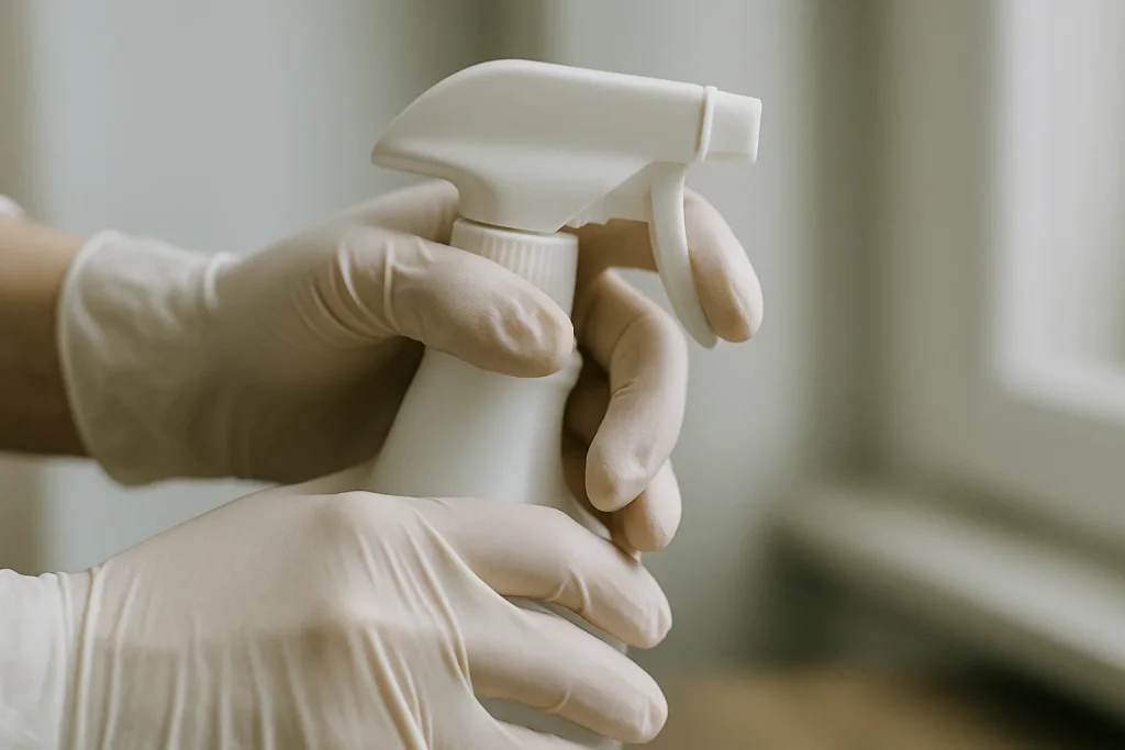Gros plan sur des mains en gants utilisant un pulvérisateur pour désinfecter