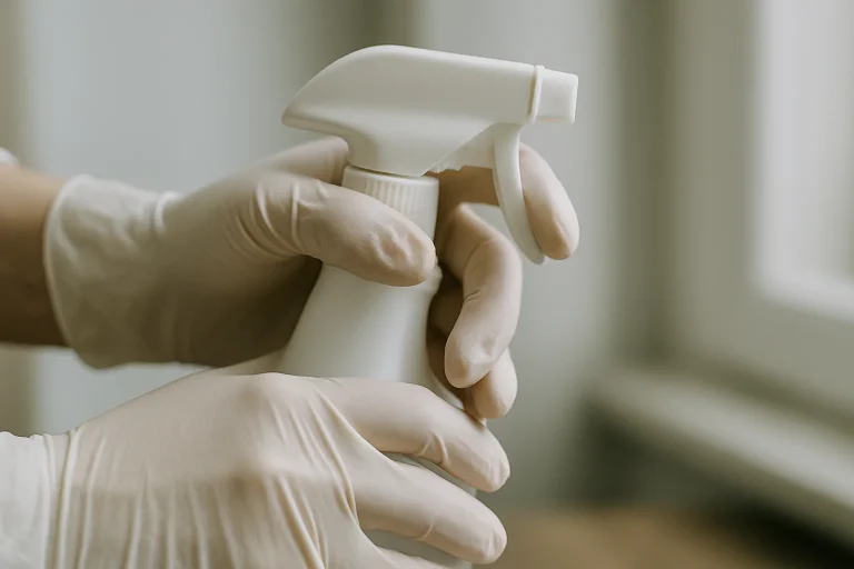 Gros plan sur des mains en gants utilisant un pulvérisateur pour désinfecter