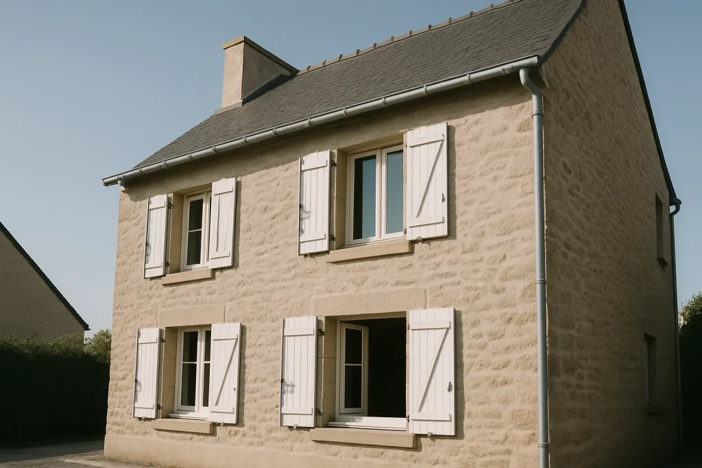 Façade d'une maison à Theix-Noyalo avec volets ouverts, ciel bleu