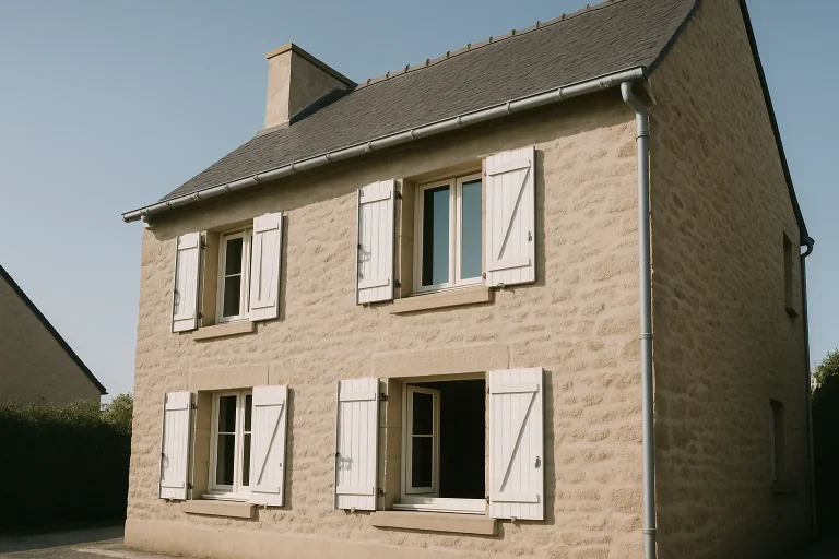 Façade d'une maison à Theix-Noyalo avec volets ouverts, ciel bleu