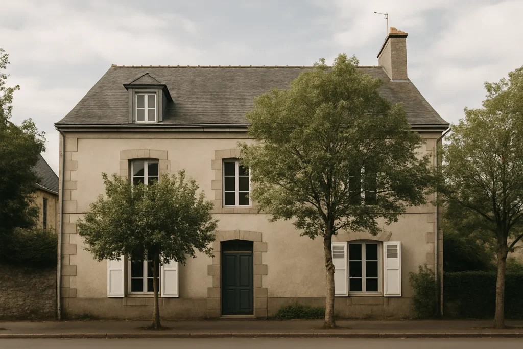 Maison de ville à Pontivy, façade partiellement cachée par des arbres, lumière du jour