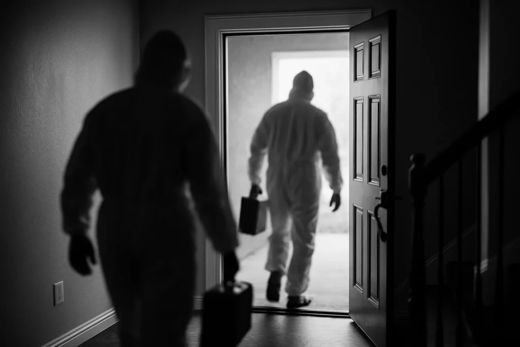 Deux experts en tenue de protection entrent dans une maison pour un nettoyage spécialisé à Hennebont.