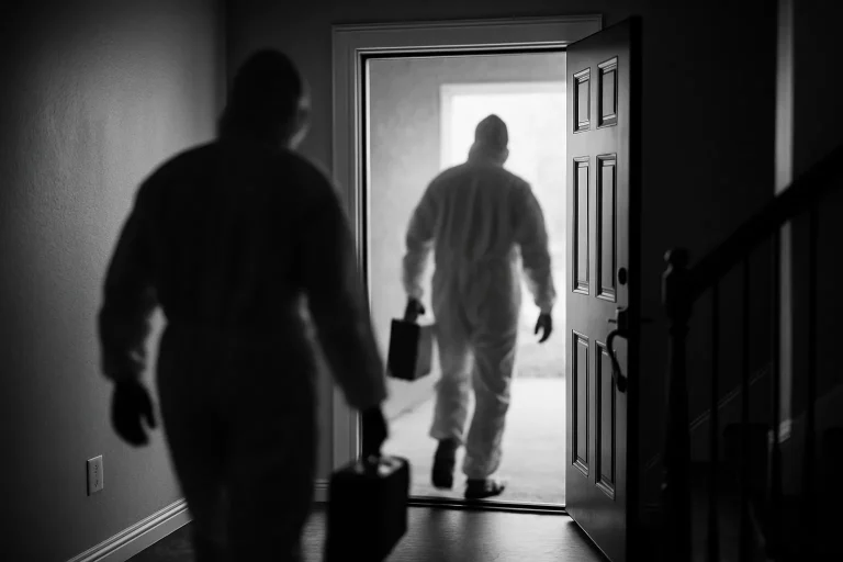 Deux experts en tenue de protection entrent dans une maison pour un nettoyage spécialisé à Hennebont.