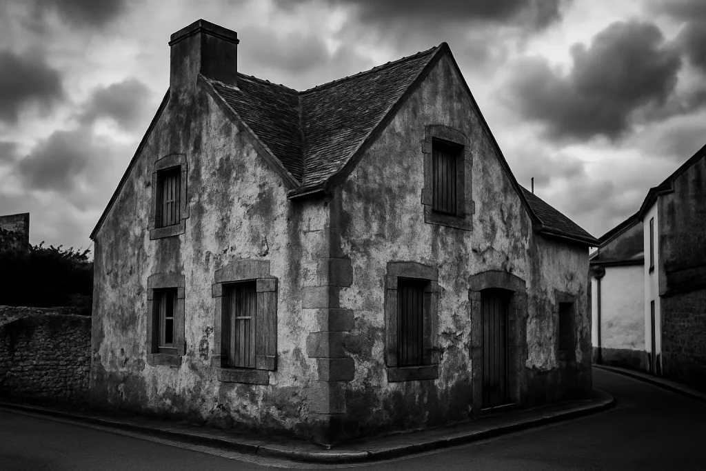 Façade usée d'une maison ancienne à Quiberon, ciel nuageux, architecture locale