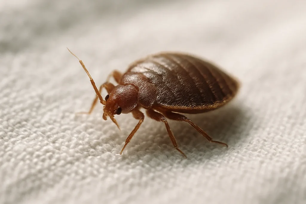 Punaise de lit visible sur un tissu blanc en gros plan, détails de texture