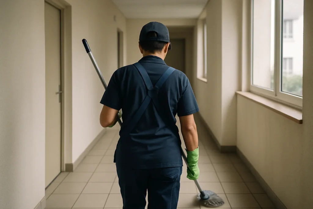Employé de nettoyage de dos dans un couloir de copropriété à Arradon, effectuant des tâches d'entretien.