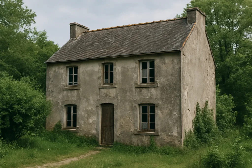 Vue extérieure d'une maison insalubre à Lorient, avec façade usée et végétation