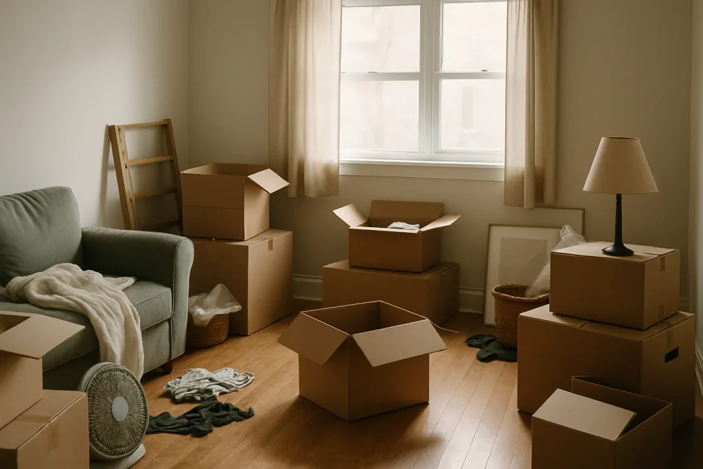 Intérieur d'une maison à Muzillac en désordre avec des cartons de déménagement