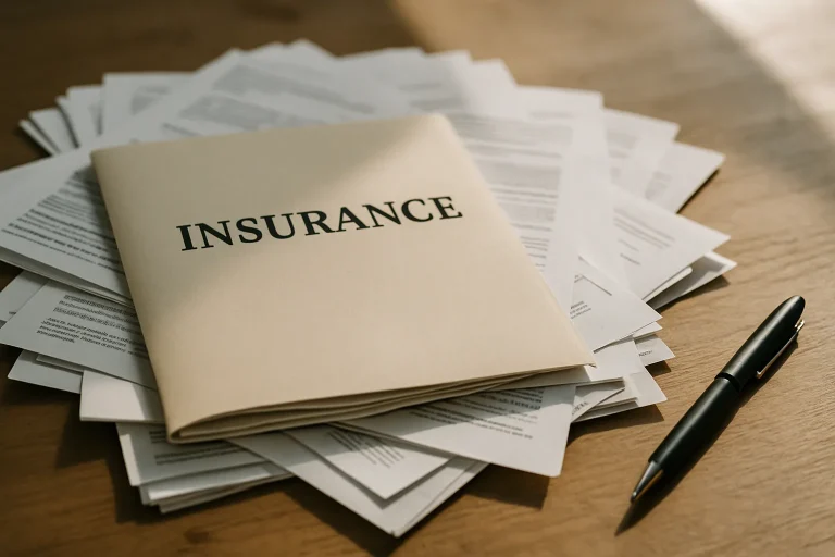Gros plan sur un dossier d'assurance avec des papiers et un stylo sur une table en bois