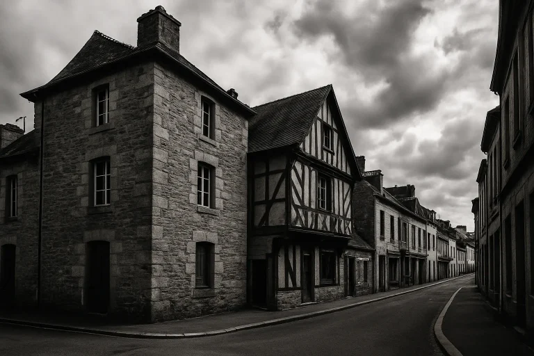Scène en noir et blanc d'une rue à Pontivy avec des bâtiments anciens.