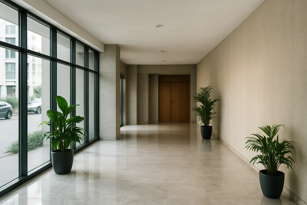 Hall d'immeuble moderne à Vannes, sol en marbre et grandes fenêtres lumineuses