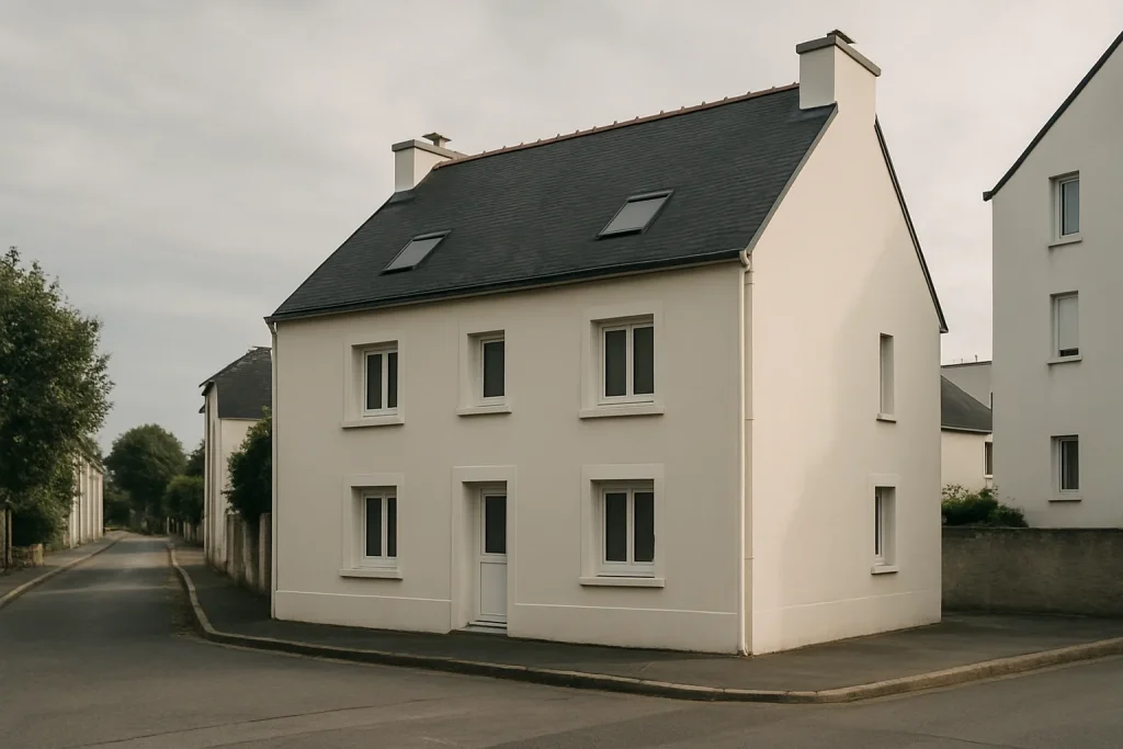 Façade d'une maison à Lanester, lumière douce, ambiance urbaine