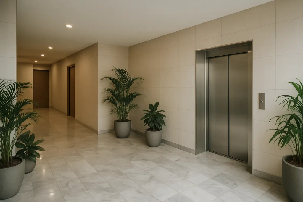 Hall d'entrée de copropriété moderne avec plantes et ascenseur à Vannes