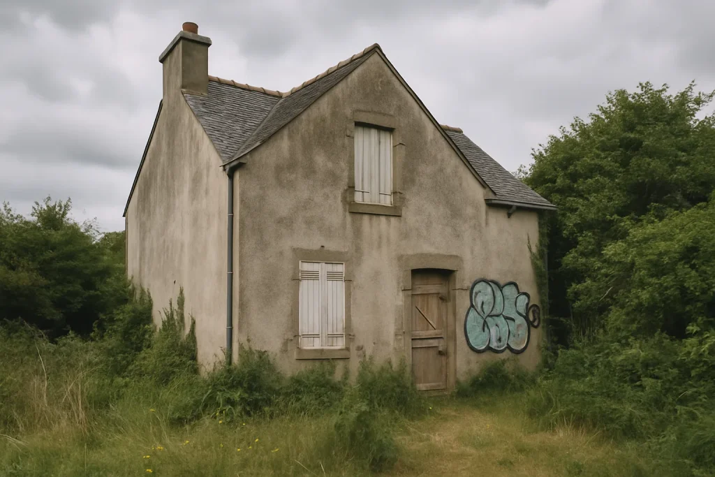 Maison à Sarzeau avec façade dégradée par des graffitis et jardin envahi.