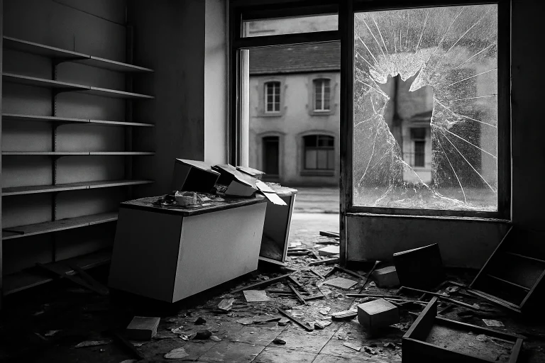 Local commercial à Pontivy avec des objets renversés et une fenêtre brisée après vandalisme.